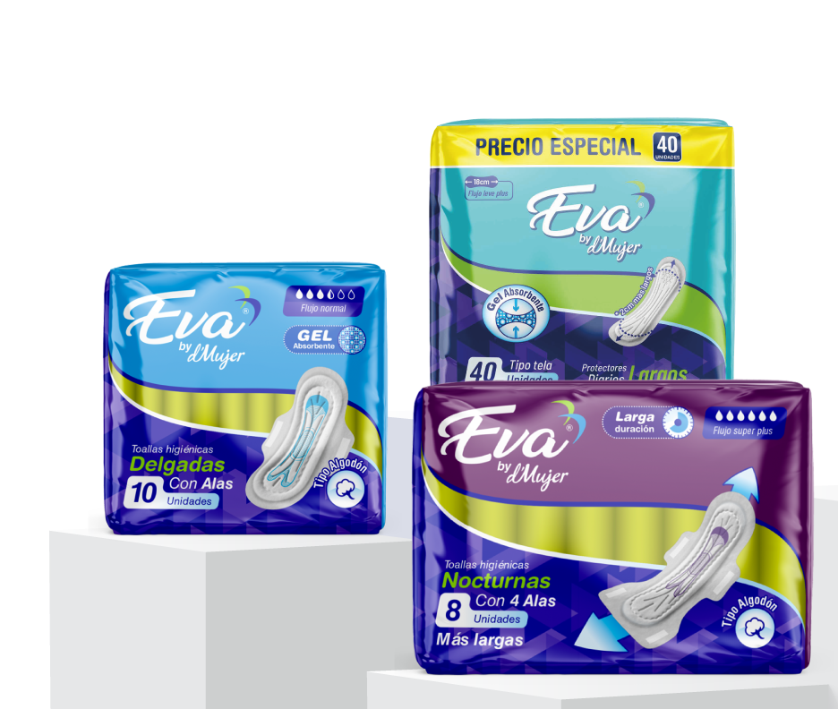 Toallas higiénicas Eva by dMujer: Delgadas Con Alas, Protectores Diarios Largos y Nocturnas Con 4 Alas